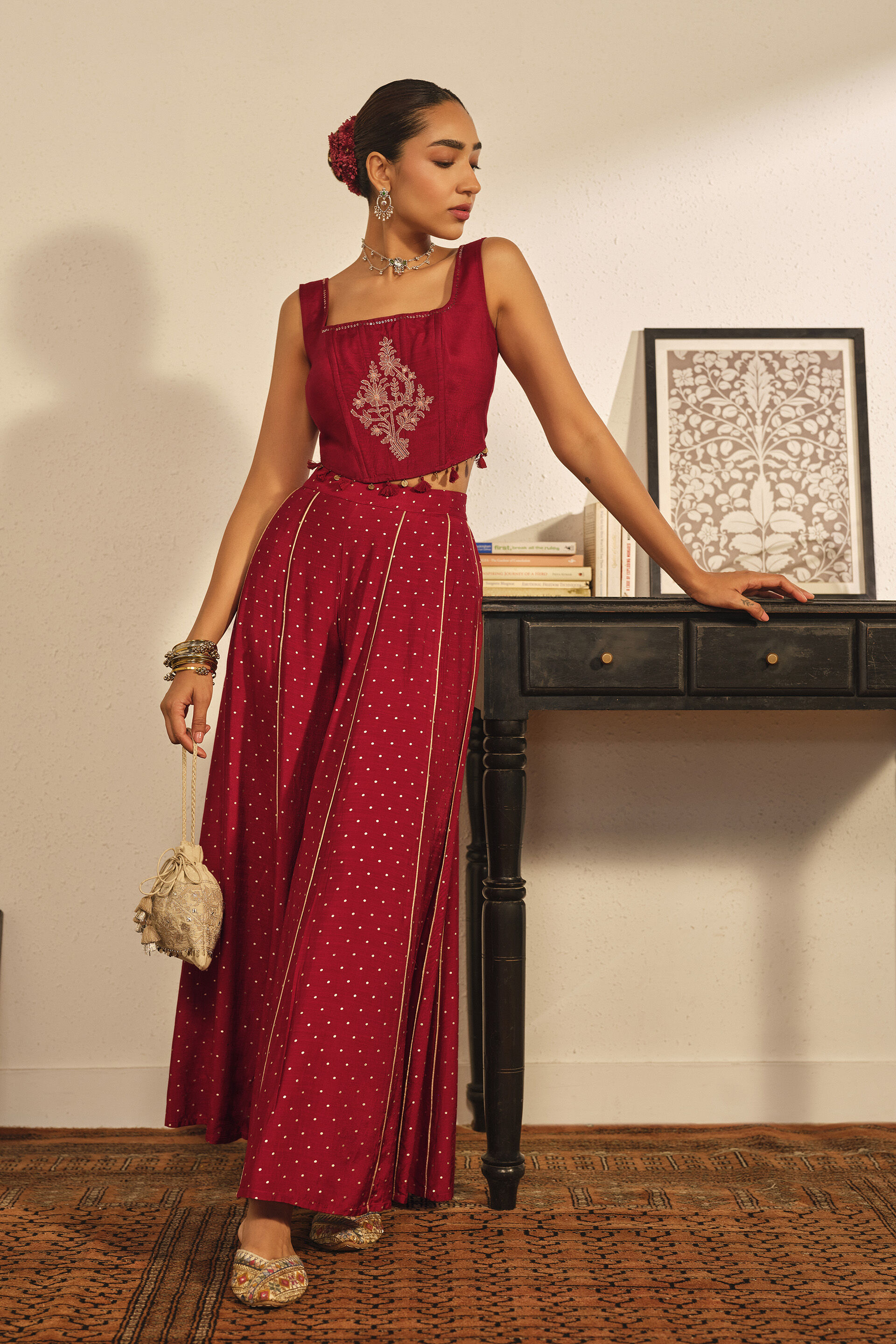 Embroidered Crop Top in Red, Red, image 3